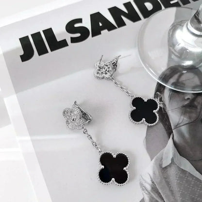 [AuraEcho]CLOVER 2 MOTIFS  DIAMOND ONYX EARRINGS SILVER