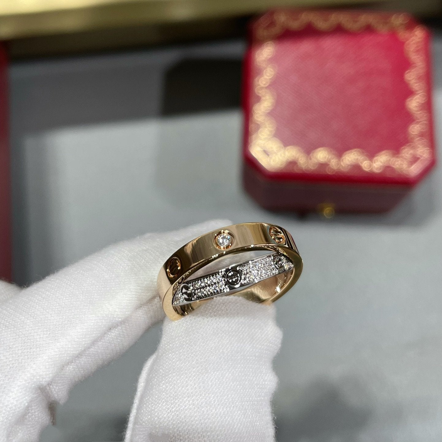[AuraEcho]LOVE PINK GOLD SILVER DIAMOND DOUBLE RING