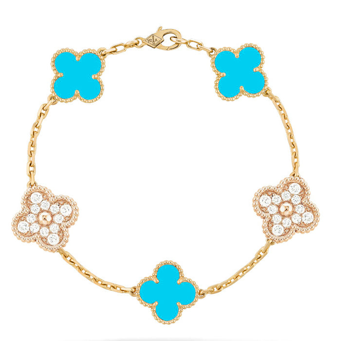 [AuraEcho]CLOVER 5 MOTIF TURQUOISE DIAMOND GOLD BRACELET