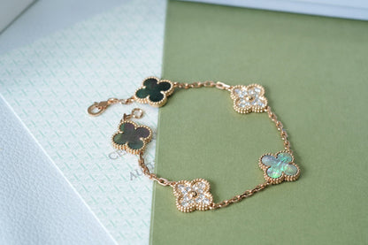 [AuraEcho]CLOVER 5 MOTIFS DARK MOP AND DIAMONDS PINK GOLD BRACELET